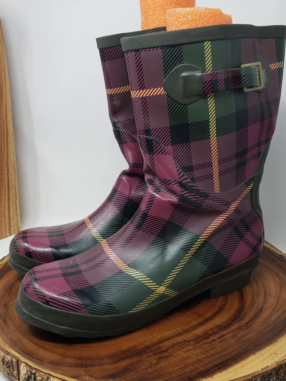 L.L. Bean Burgundy and Green Plaid Rain Boots